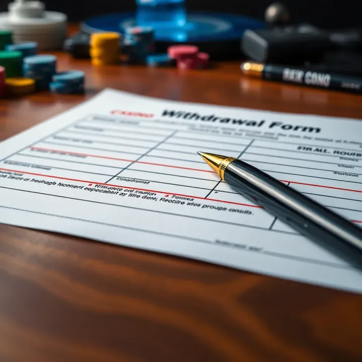 Close-up of a withdrawal form with highlighted fields and a pen on a wooden desk