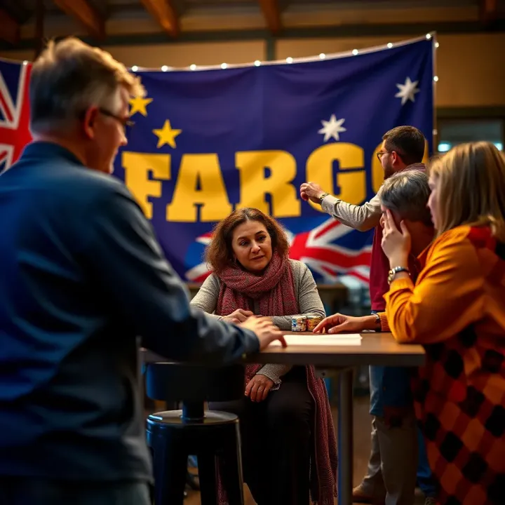 Community members from diverse backgrounds collaborating with Australian flag in background