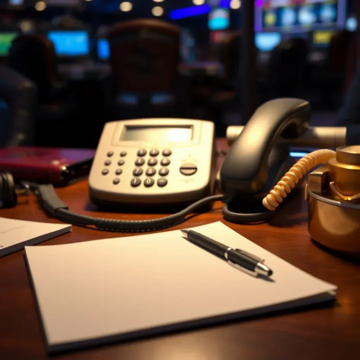 Desk with a telephone, notebook, and pen ready for making a call