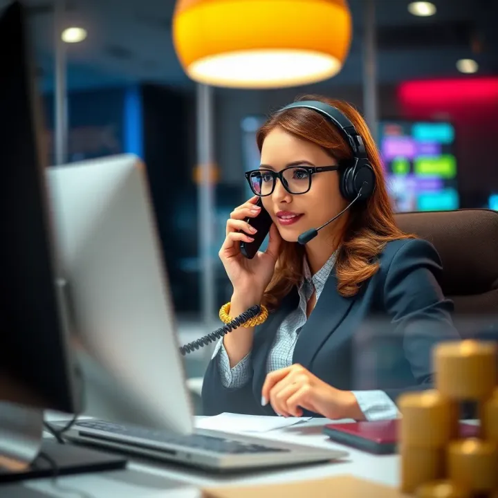 Customer service representative answering a phone call in an office setting