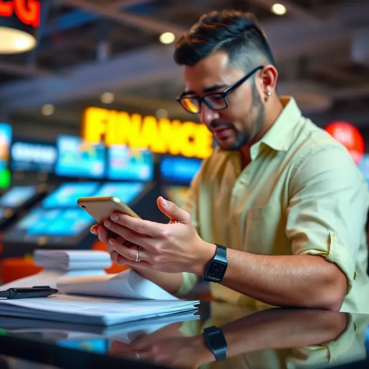 Customer reviewing loan options on a digital device with financial documents nearby