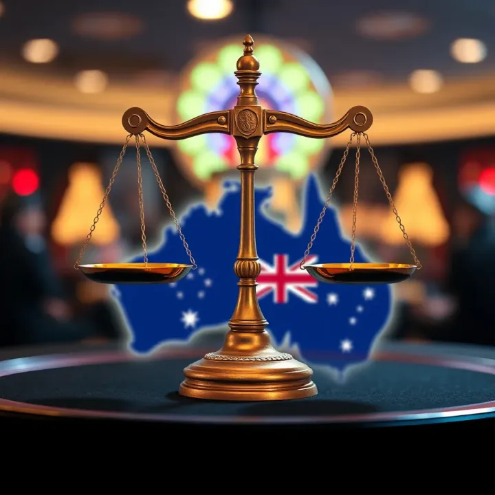 Illustration showing scales of justice balanced over Australian map symbolizing fairness and equity