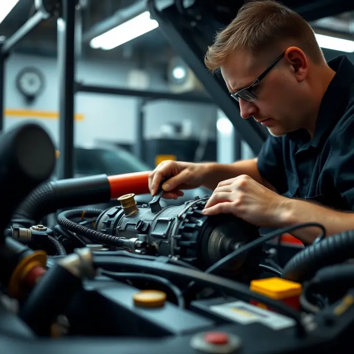 Technician performing maintenance on a Ford ute transmission in a professional garage