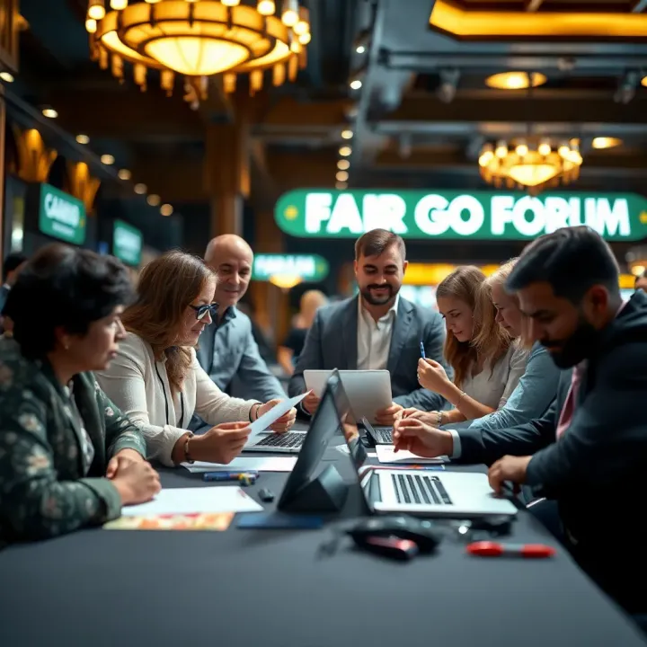 A diverse group collaborating with notes and laptops to contribute ideas on public policy