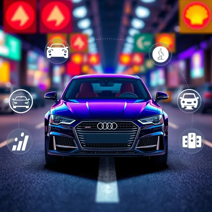 Illustration of a car surrounded by icons representing insurance discounts and road safety benefits