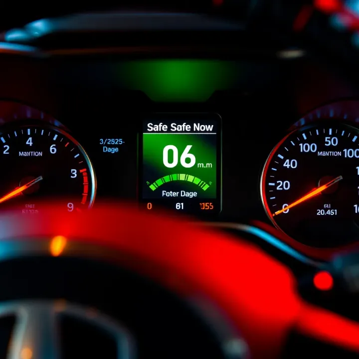 Car dashboard showing a safe driving score with green indicators