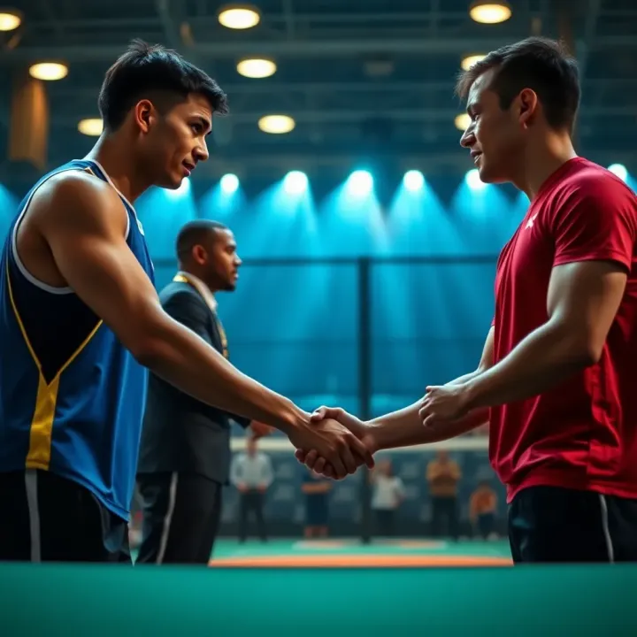 Athletes shaking hands after a competitive match symbolizing sportsmanship and fairness