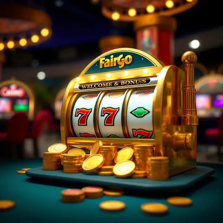Illustration of a casino welcome bonus concept with an animated slot machine and coins