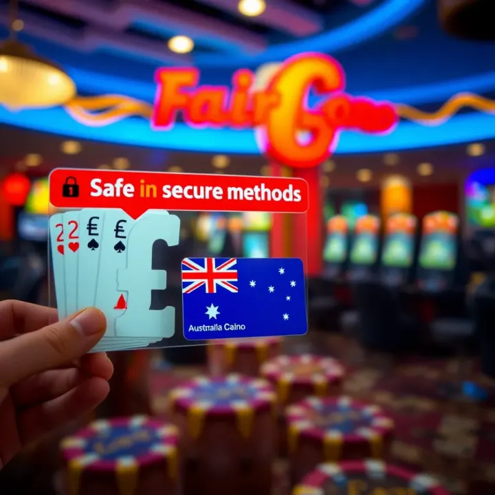Safe and Convenient Payment Methods at FairGo Casino Secure online payment options with Australian currency symbols and credit card icons representing safe transactions