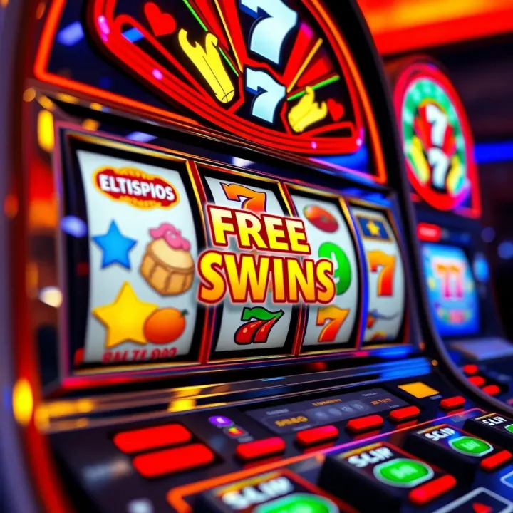 Casino Slot Machine Featuring Free Spins Bonus Colorful casino slot machine with spinning reels showcasing various symbols and a highlighted free spins bonus feature
