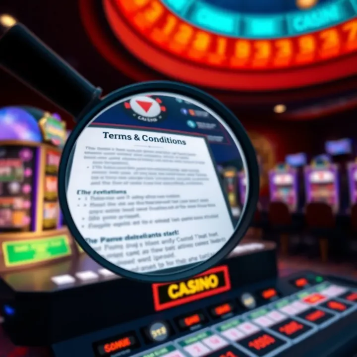 Magnifying glass highlighting terms and conditions on a screen symbolizing careful review of casino regulations