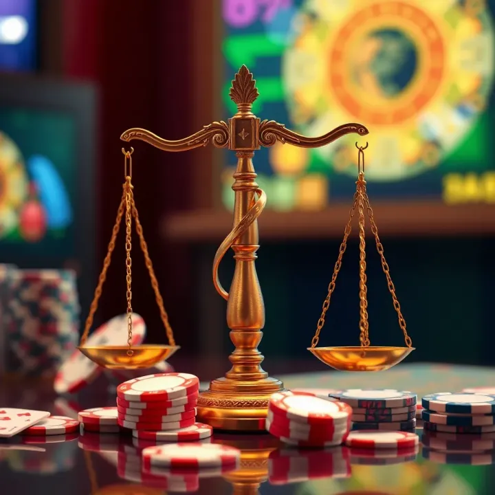 Balancing Legal Aspects and Responsible Gaming in Online Gambling Graphic depicting legal scales balancing online gambling with responsible gaming symbols