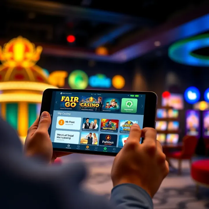 User interacting with Fair Go Casino app on a digital device showcasing download options