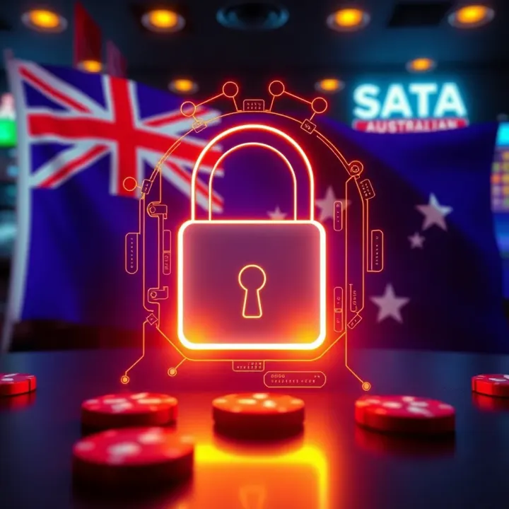 Illustration of a secure digital padlock with Australian flag background symbolizing safe online gaming