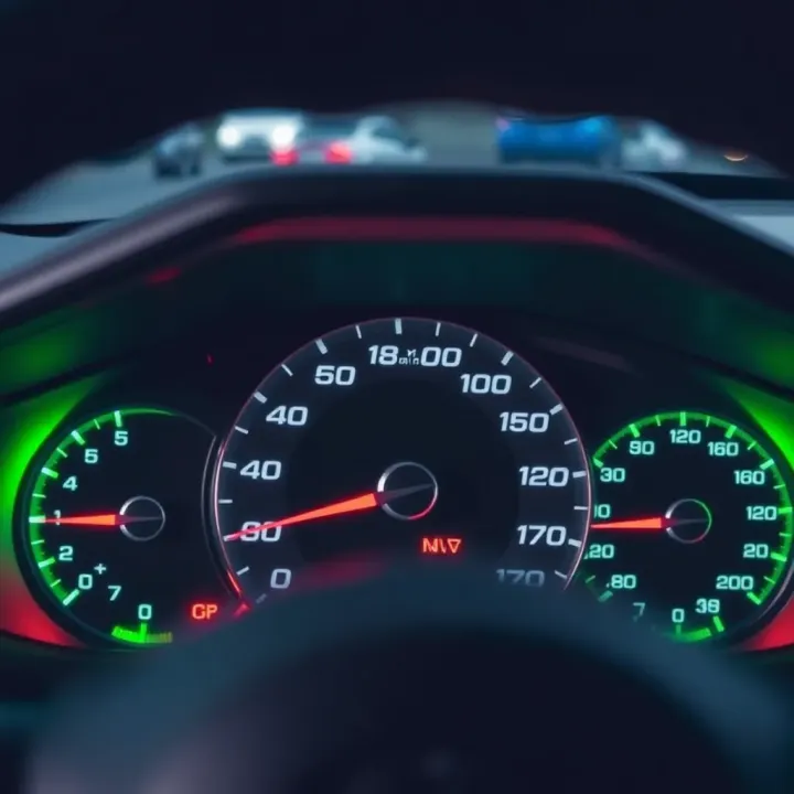 Dashboard Indicators Reflecting Safe Driving Habits Car dashboard showing a speedometer and green safety indicator lights