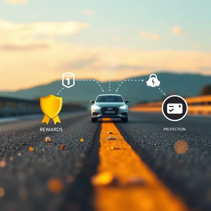 Illustration of a car on a clear road with icons representing rewards and protection