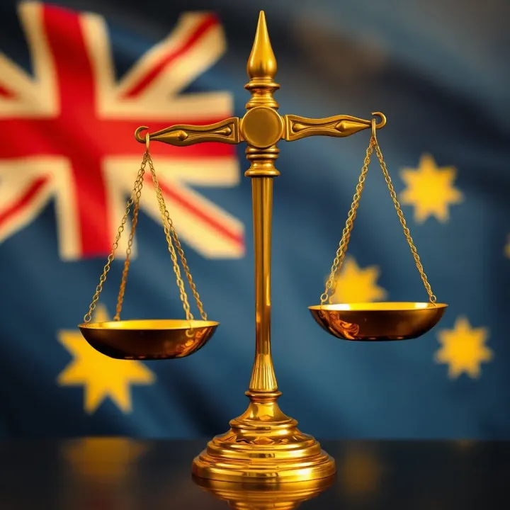 Balanced Scales Symbolizing Fairness in Australian Society Symbolic representation of fairness and equality with balanced scales against an Australian flag backdrop