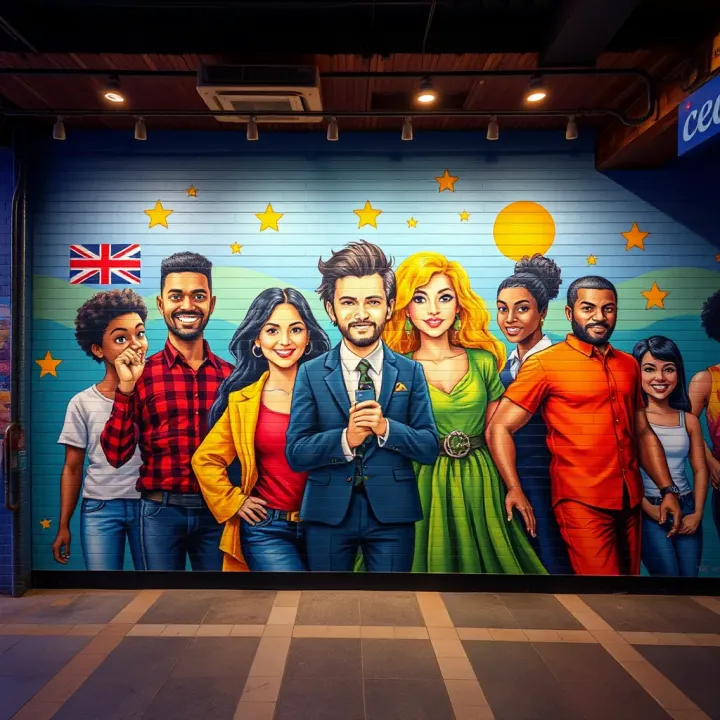 A vibrant mural showing diverse Australians united under the concept of fairness and equality