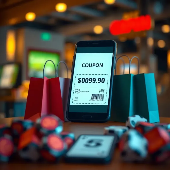 Illustration of a digital coupon on a mobile device screen with shopping bags nearby