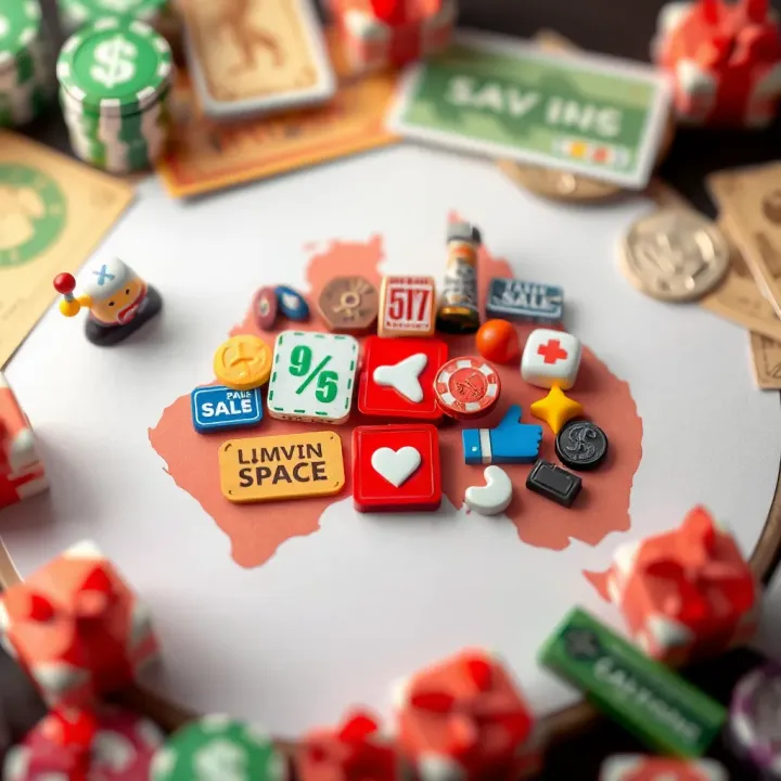 Graphic showing a variety of discount coupons and savings icons arranged around an Australian map
