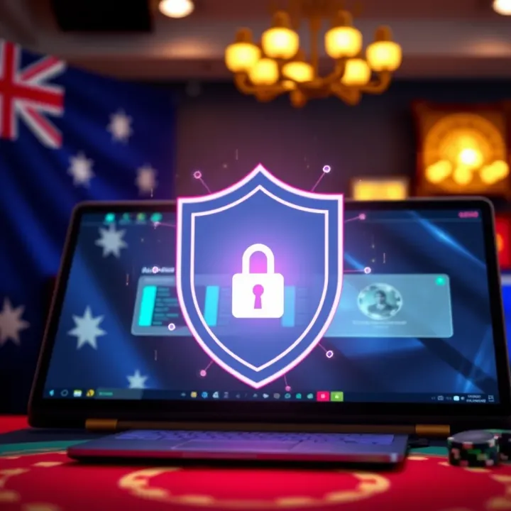 Secure digital shield protecting a gambler's account with Australian flag in the background