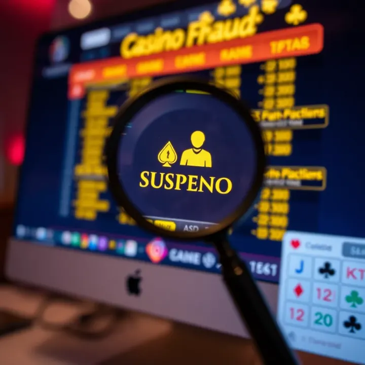 Magnifying glass highlighting suspicious activity on a computer screen related to online casino fraud
