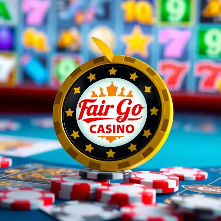 Illustration showing a digital casino chip with the Fair Go Casino logo surrounded by various online slot game symbols