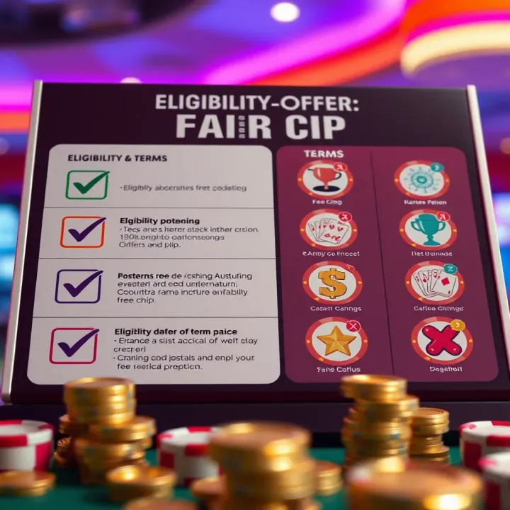 Visual guide featuring a checklist and icons representing eligibility criteria and terms for Fair Go free chip promotions
