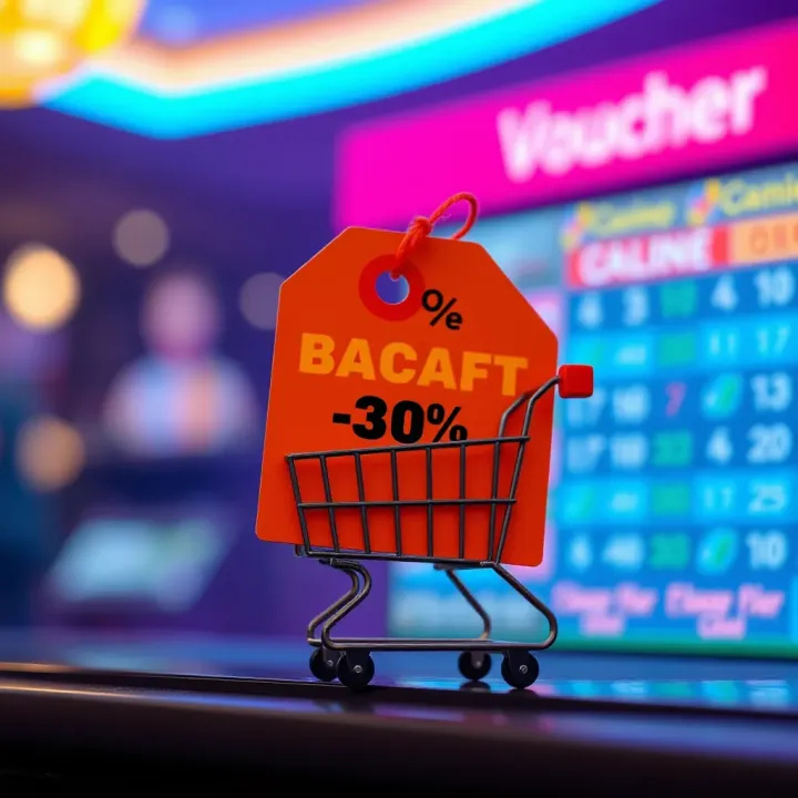Illustration showing a digital voucher code with a discount tag and a shopping cart symbol