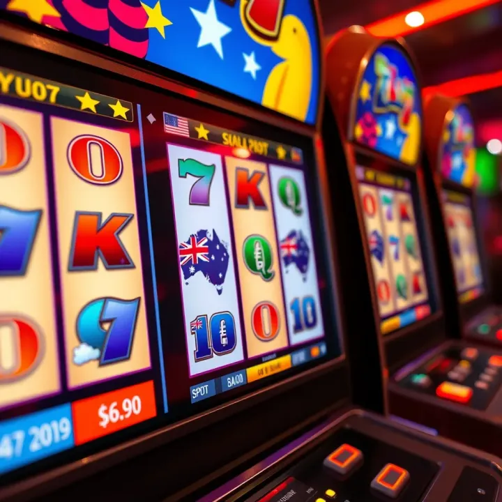 Online Pokies Interface with Australian Currency Symbols Online pokies interface displaying colorful reels and symbols with Australian currency icons